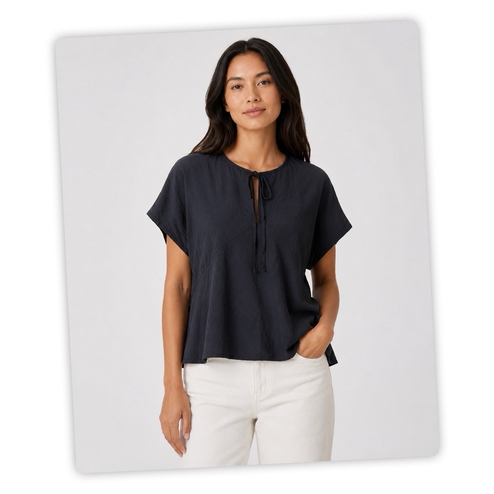 Everlane Black Tie Neck Dolman Sleeve Blouse Top Women's Size 12 NWT